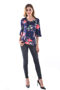 Women's Floral Print Cold Shoulder Curved Hem T Shirt Blouses - Apperloth