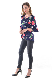 Women's Floral Print Cold Shoulder Curved Hem T Shirt Blouses - Apperloth