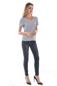 Women's Sexy Striped V-Neck Backless Tunic T-Shirt - Apperloth