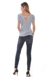 Women's Sexy Striped V-Neck Backless Tunic T-Shirt - Apperloth