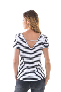 Women's Sexy Striped V-Neck Backless Tunic T-Shirt - Apperloth