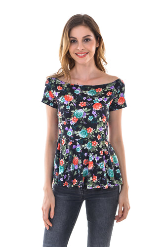 Women's Sexy Off Shoulder Slim  Floral Print Peplum Top - Apperloth