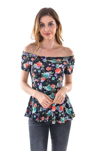 Women's Sexy Off Shoulder Slim  Floral Print Peplum Top - Apperloth
