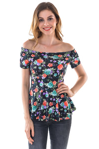 Women's Sexy Off Shoulder Slim  Floral Print Peplum Top - Apperloth