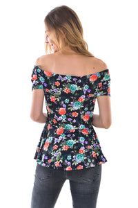 Women's Sexy Off Shoulder Slim  Floral Print Peplum Top - Apperloth