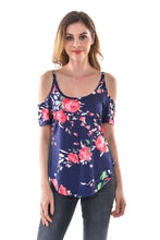 Women's Floral Print Cold Shoulder Curved Hem T Shirt Blouses - Apperloth