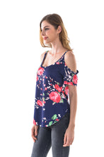 Women's Floral Print Cold Shoulder Curved Hem T Shirt Blouses - Apperloth
