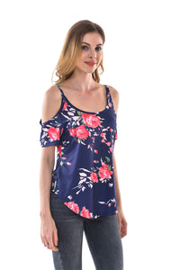 Women's Floral Print Cold Shoulder Curved Hem T Shirt Blouses - Apperloth