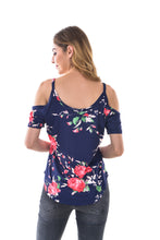 Women's Floral Print Cold Shoulder Curved Hem T Shirt Blouses - Apperloth