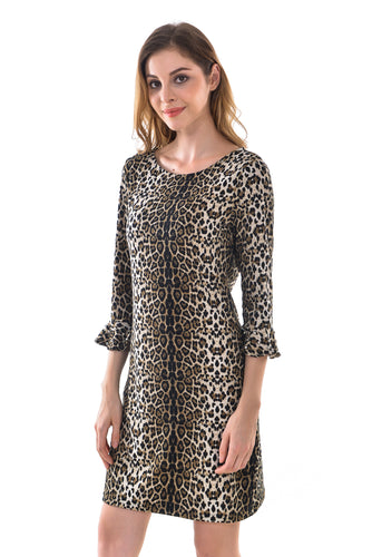 Women's Leopard Keyhole Back T-Shirt Loose Tunic Swing Dress - Apperloth