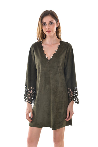 Women's V Neck Crochet Floral Loose A-Line Cocktail Dress - Apperloth