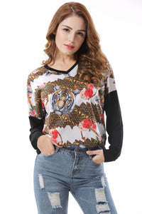 Women's Floral Tiger Print Loose Raglan T-Shirt Tops - Apperloth