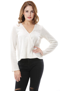 Women's V Neck White Wrap Top Shirt Blouse - Apperloth