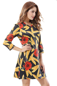 Women's V-Neck Floral Print Mini A Line Dresses - Apperloth