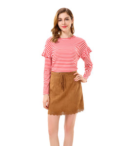 Women’s Solid Faux Suede Lace Up Tassel Tie A-Line Short Skirt - Apperloth