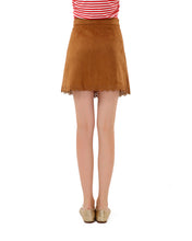 Women’s Solid Faux Suede Lace Up Tassel Tie A-Line Short Skirt - Apperloth