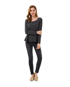 Women's Striped Color Block Criss Cross Back Peplum Top - Apperloth