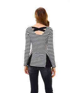 Women's Striped Color Block Criss Cross Back Peplum Top - Apperloth