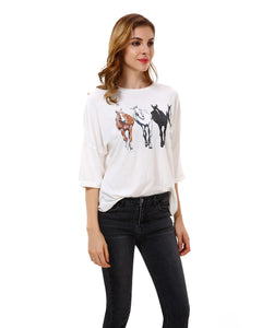 Women’s Horse Print Loose T Shirt Top Blouse - Apperloth