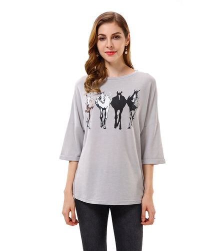 Women’s Horse Print Loose T Shirt Top Blouse - Apperloth