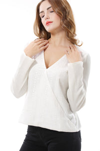 Women's V Neck White Wrap Top Shirt Blouse - Apperloth