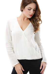 Women's V Neck White Wrap Top Shirt Blouse - Apperloth